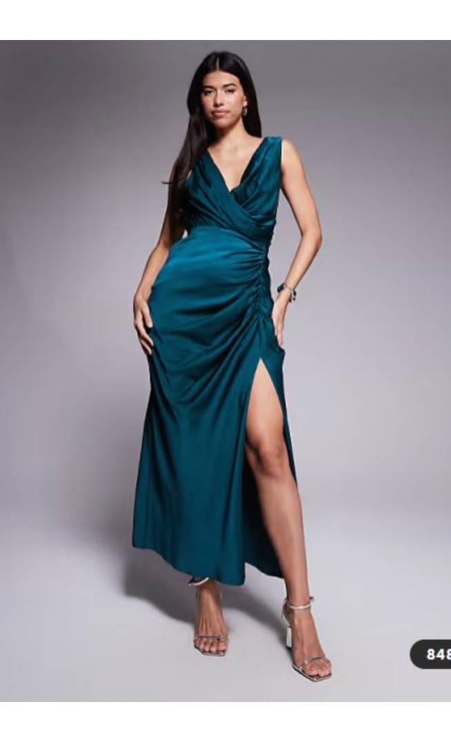 ASOS DESIGN satin drape front split detail maxi dress in deep teal