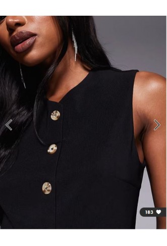 ASOS DESIGN co-ord ribbed longline button through v neck waistcoat top in black