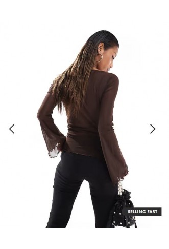 ASOS DESIGN mesh drawstring top with flute sleeve chocolate