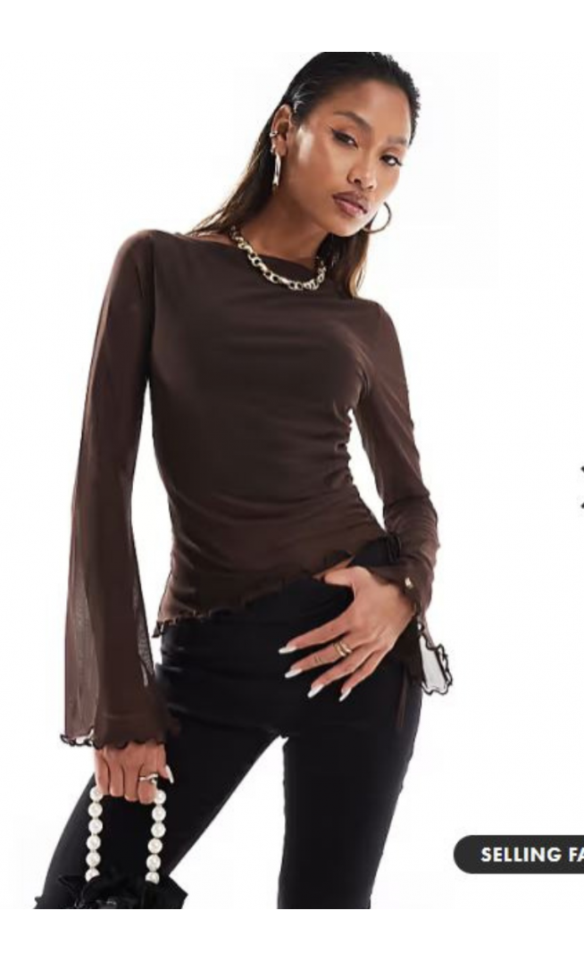 ASOS DESIGN mesh drawstring top with flute sleeve chocolate