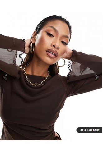 ASOS DESIGN mesh drawstring top with flute sleeve chocolate