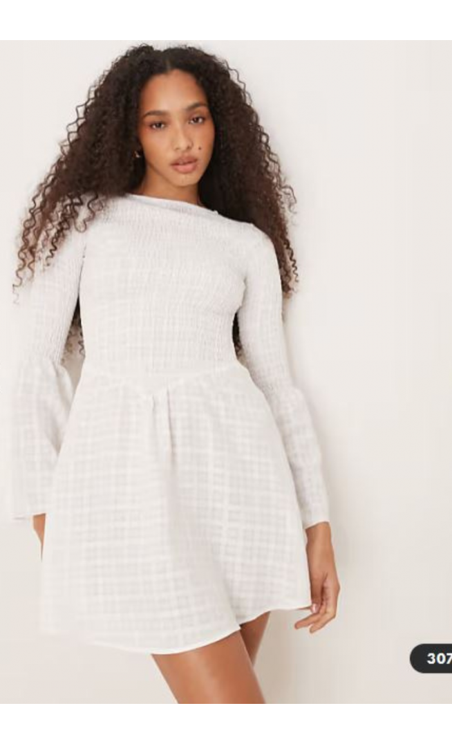ASOS DESIGN shirred angel sleeve mini dress in white