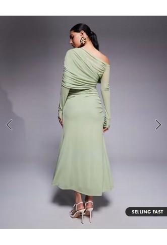 ASOS DESIGN long sleeve slouchy bardot mesh mix maxi dress in sage green