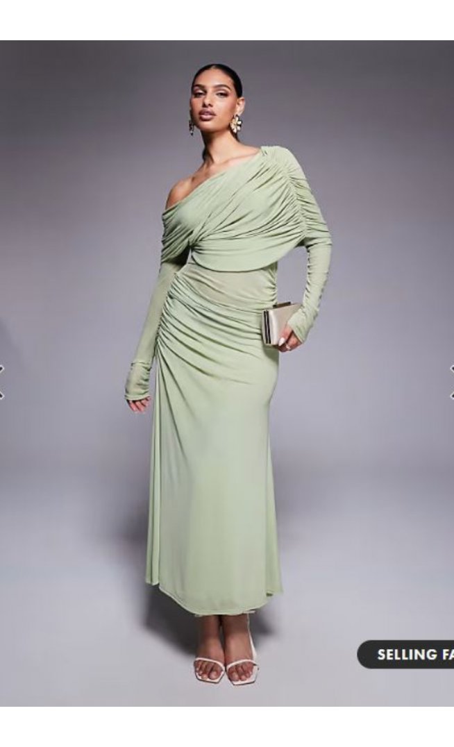ASOS DESIGN long sleeve slouchy bardot mesh mix maxi dress in sage green
