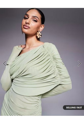 ASOS DESIGN long sleeve slouchy bardot mesh mix maxi dress in sage green