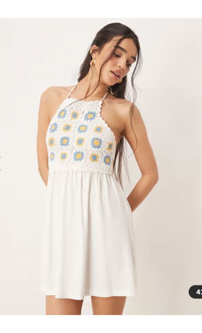 ASOS DESIGN crochet bust halter mini dress in cream