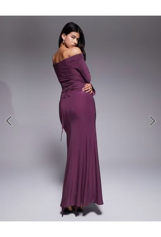ASOS DESIGN long sleeve twist shoulder with lace up back maxi dress in mulberry
