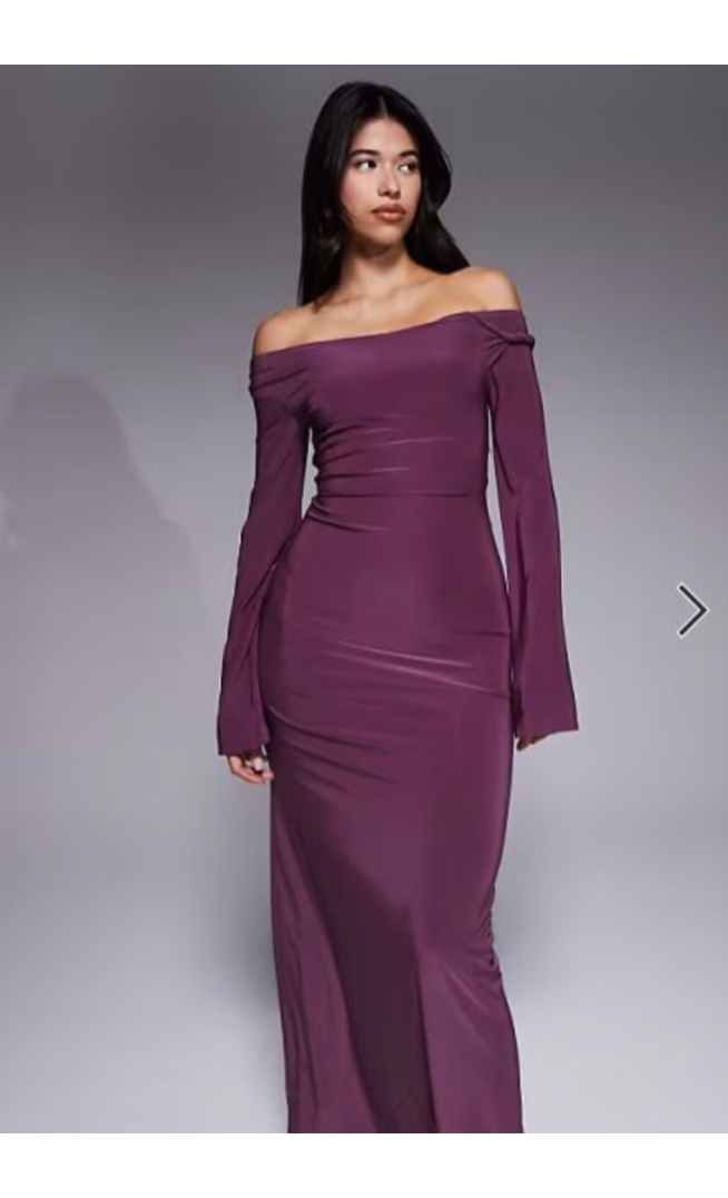 ASOS DESIGN long sleeve twist shoulder with lace up back maxi dress in mulberry