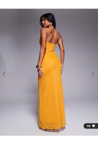 ASOS DESIGN asymmetric double strap with gold trim detail with ruching mesh maxi dress in orange