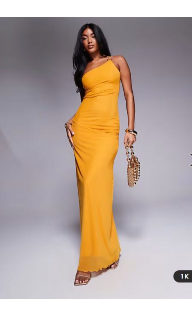 ASOS DESIGN asymmetric double strap with gold trim detail with ruching mesh maxi dress in orange