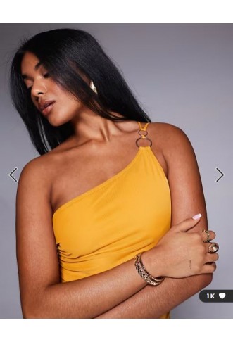 ASOS DESIGN asymmetric double strap with gold trim detail with ruching mesh maxi dress in orange