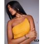 ASOS DESIGN asymmetric double strap with gold trim detail with ruching mesh maxi dress in orange