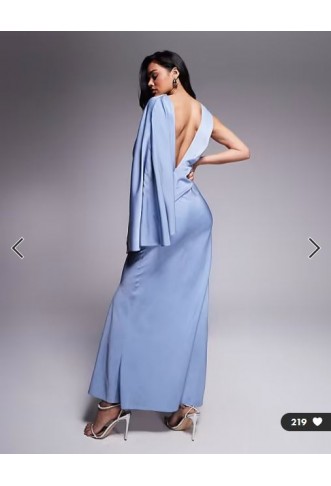 ASOS DESIGN satin drape maxi dress with asymmetric exaggerated sleeve in dusky blue