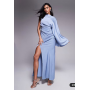 ASOS DESIGN satin drape maxi dress with asymmetric exaggerated sleeve in dusky blue