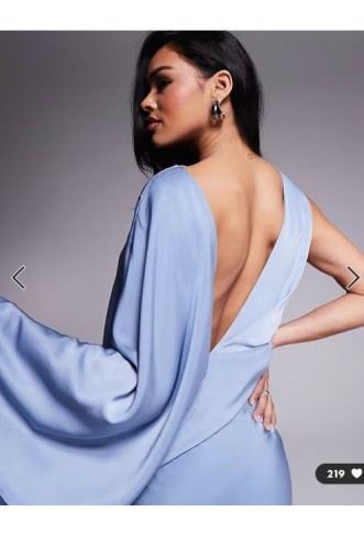 ASOS DESIGN satin drape maxi dress with asymmetric exaggerated sleeve in dusky blue