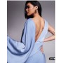 ASOS DESIGN satin drape maxi dress with asymmetric exaggerated sleeve in dusky blue