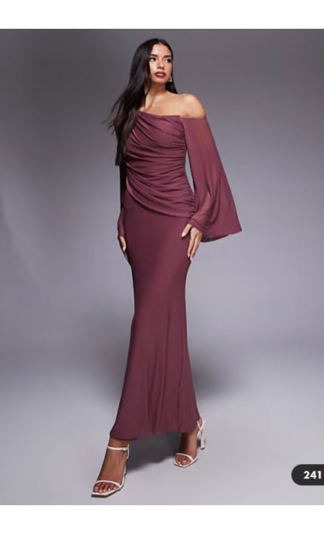 ASOS DESIGN off shoulder wide sleeve draped maxi dress in dusty rose