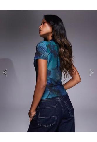 ASOS DESIGN fitted short sleeve top with rouleau loop buttons detail in blue floral print