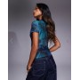 ASOS DESIGN fitted short sleeve top with rouleau loop buttons detail in blue floral print