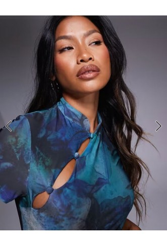 ASOS DESIGN fitted short sleeve top with rouleau loop buttons detail in blue floral print