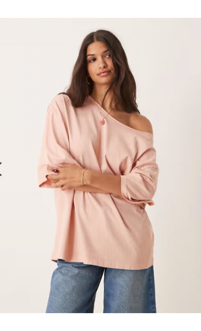 ASOS DESIGN slouchy off shoulder oversized tee in washed rose