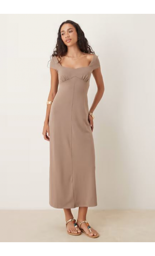 ASOS DESIGN cap sleeve midi tea dress in mocha