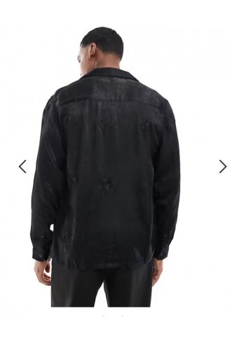 ASOS DESIGN deep revere satin shirt with heart embellishment in black