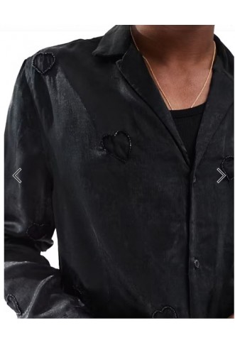 ASOS DESIGN deep revere satin shirt with heart embellishment in black