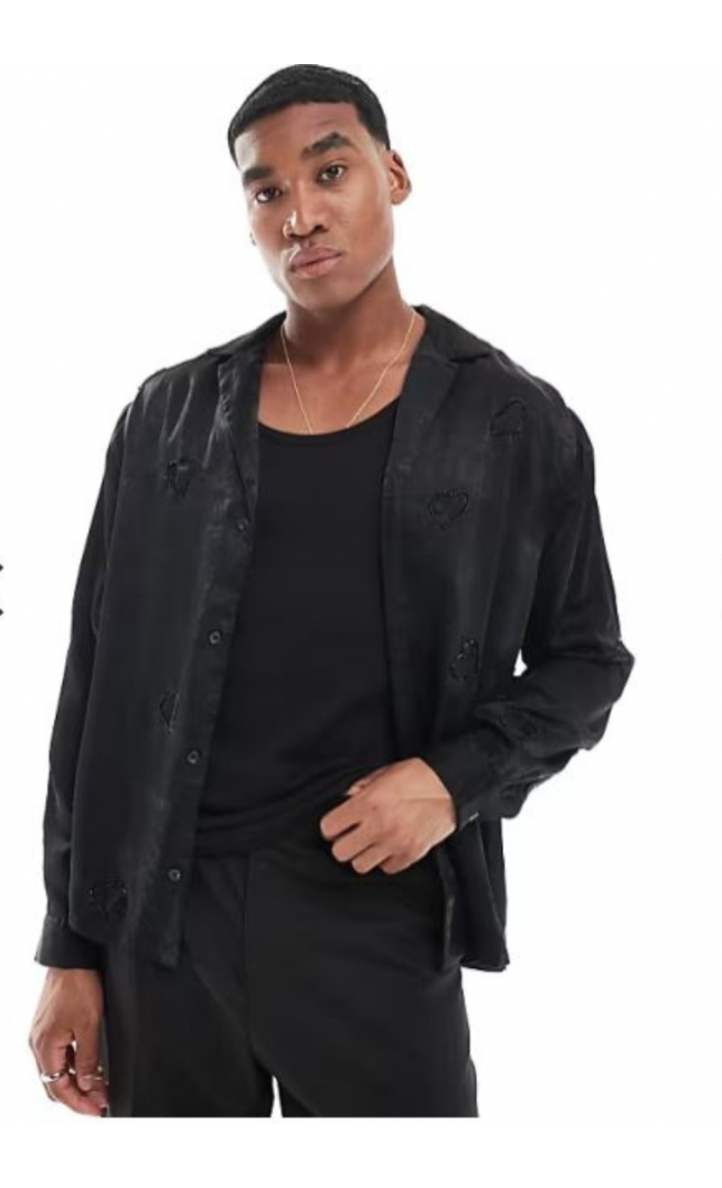 ASOS DESIGN deep revere satin shirt with heart embellishment in black