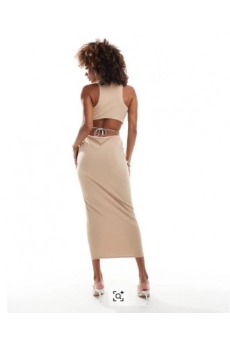 ASOS DESIGN plunge diamante trim cut out midi dress in mocha