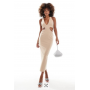 ASOS DESIGN plunge diamante trim cut out midi dress in mocha