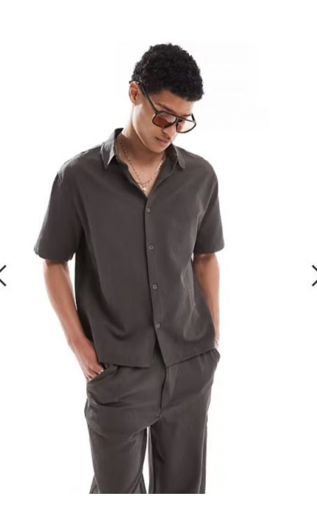 Bershka plisse co-ord shirt in charcoal