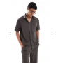 Bershka plisse co-ord shirt in charcoal