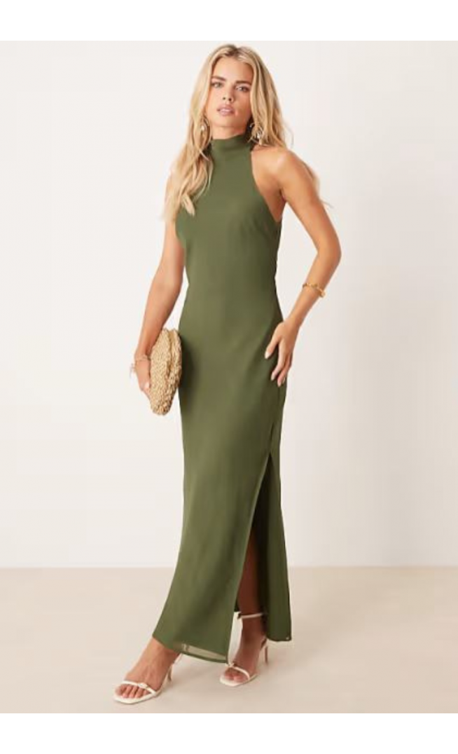 ASOS DESIGN Petite chiffon high neck midi dress in olive