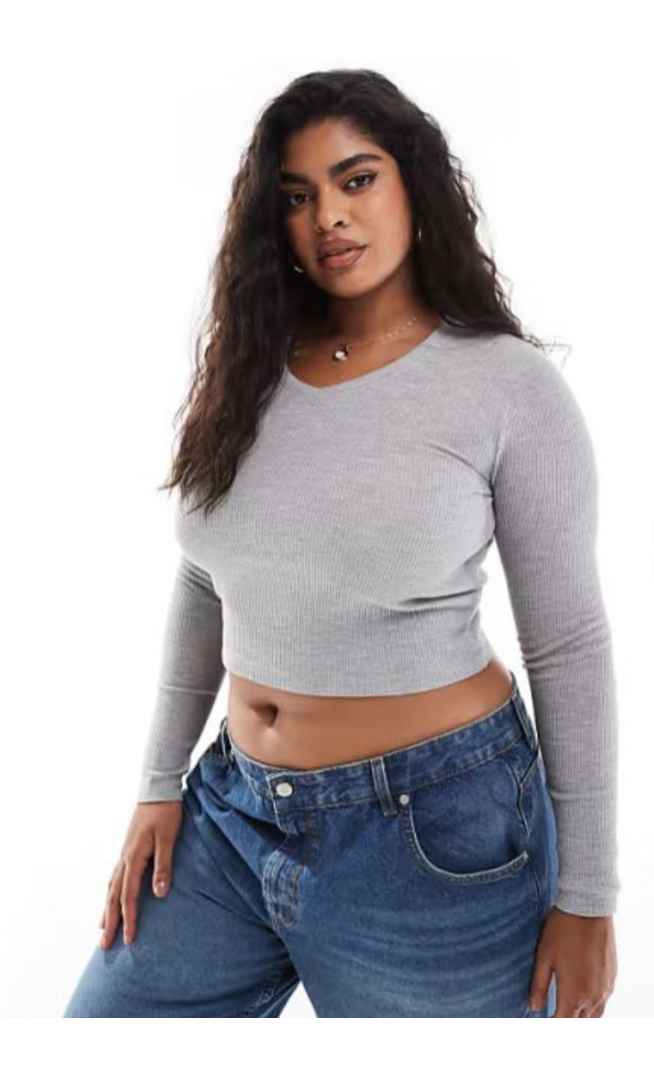 ASOS DESIGN Curve mini v neck long sleeve top in waffle in grey marl