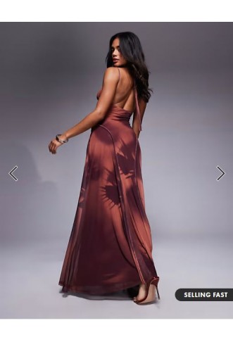 ASOS DESIGN printed mesh maxi dress with exposed seam detail in brown blurred floral print