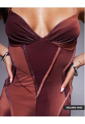ASOS DESIGN printed mesh maxi dress with exposed seam detail in brown blurred floral print