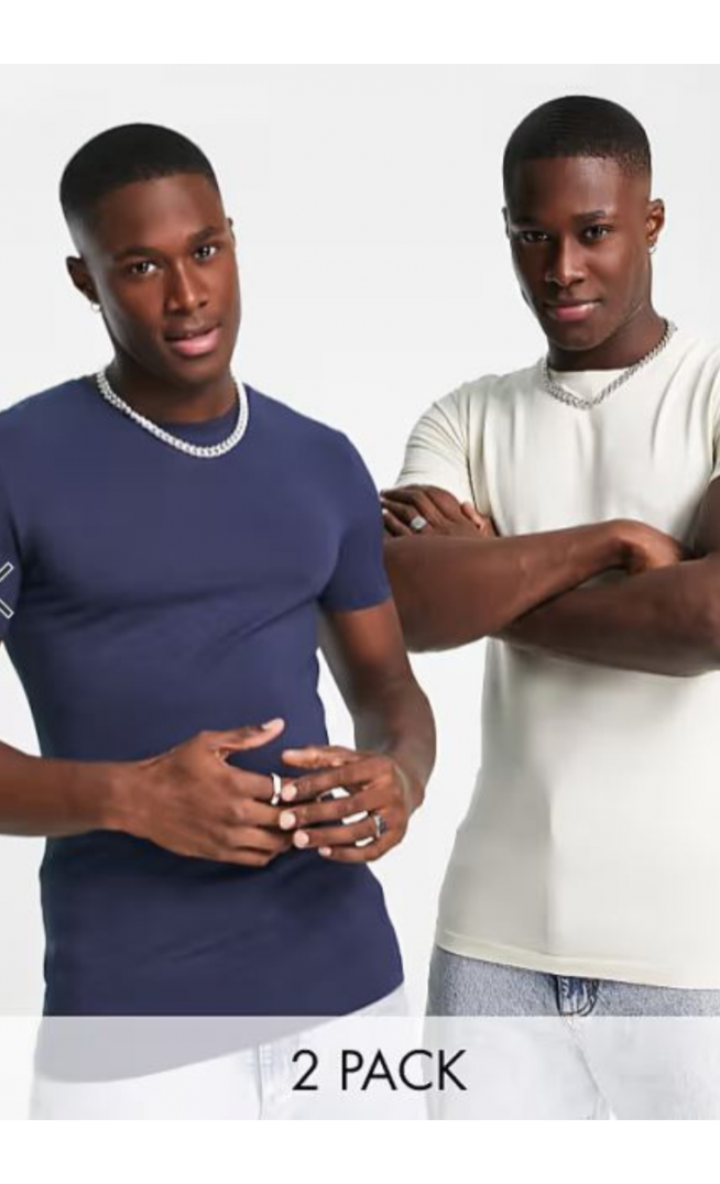 ASOS Design 2 pack muscle fit t-shirt in navy and cream