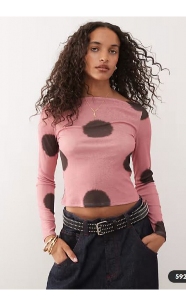 COLLUSION slash neck long sleeve top in pink polka dot