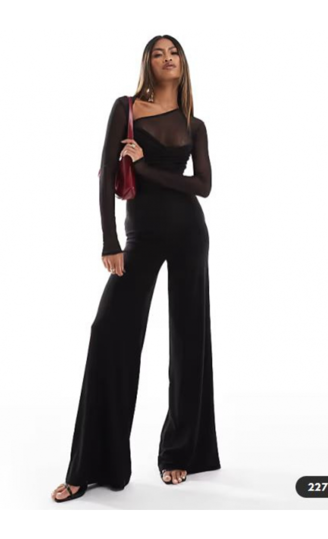 ASOS DESIGN - Jumpsuit van meshmix met lange mouwen en gedraaide buste in zwart