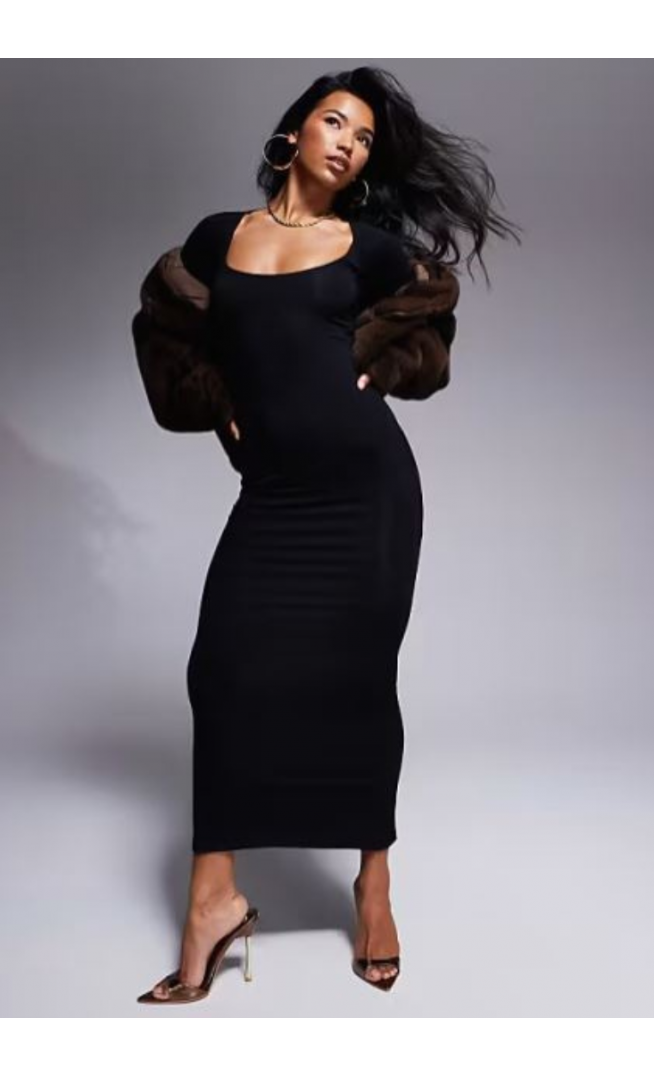 ASOS DESIGN super scoop midi dress with flute sleeves in black
