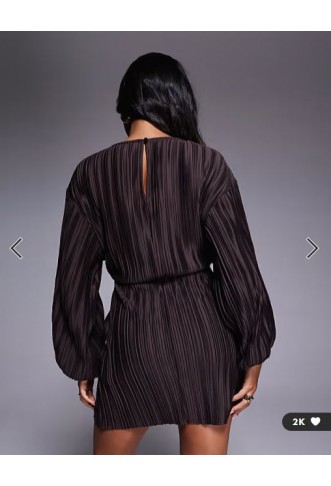 ASOS DESIGN plisse blouson sleeve and waist mini dress in chocolate