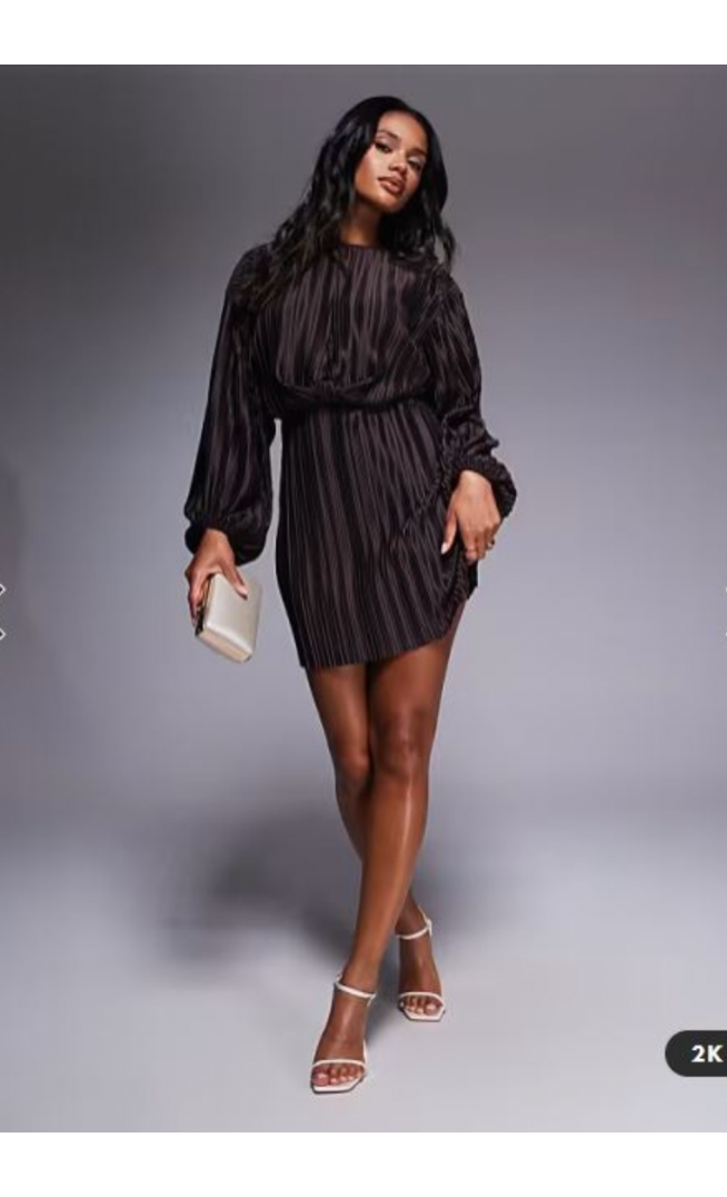 ASOS DESIGN plisse blouson sleeve and waist mini dress in chocolate