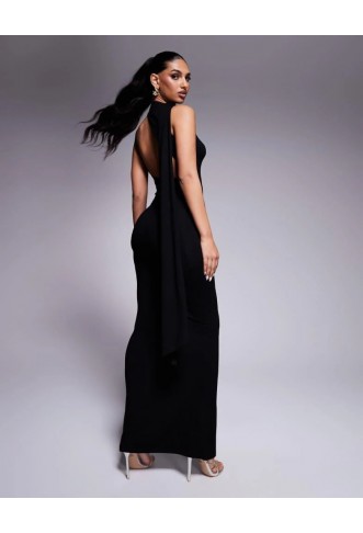 Women’s ASOS DESIGN asymmetric scoop neck maxi dress with draped scarf detail in black