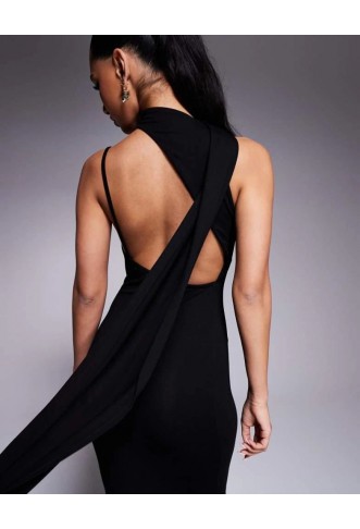 Women’s ASOS DESIGN asymmetric scoop neck maxi dress with draped scarf detail in black