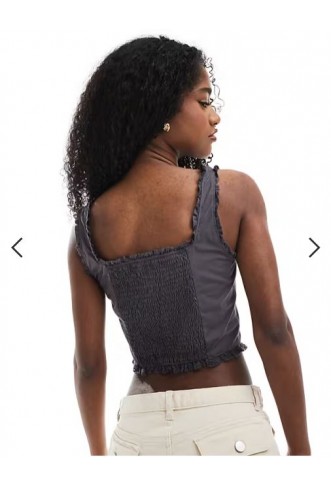 Monki frill edge corset top with lace up detail in off black