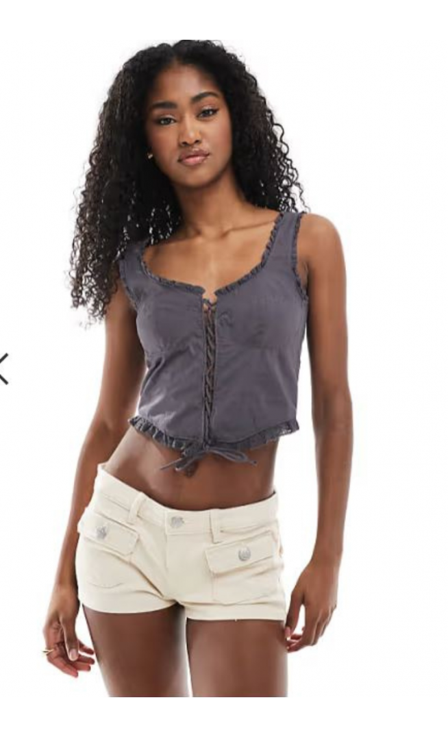 Monki frill edge corset top with lace up detail in off black