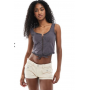 Monki frill edge corset top with lace up detail in off black
