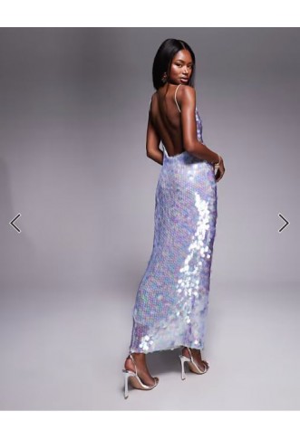 ASOS DESIGN iridescent sequin asymmetric cowl neck midi dress in light blue