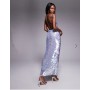 ASOS DESIGN iridescent sequin asymmetric cowl neck midi dress in light blue